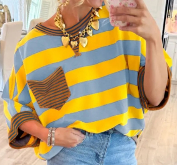 Women's T-shirts Striped Drop Shoulder Pocket T-shirt