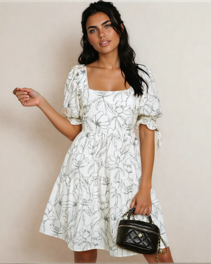 Cleo Square Neck Shirred Back Puff Sleeve Mini Dress
