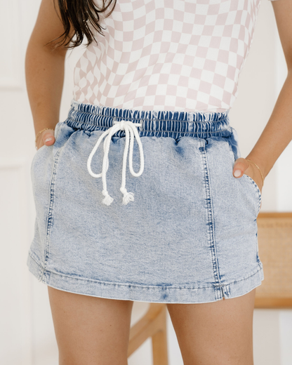 Drawstring High Waist Pocketed Denim Skort - Blue