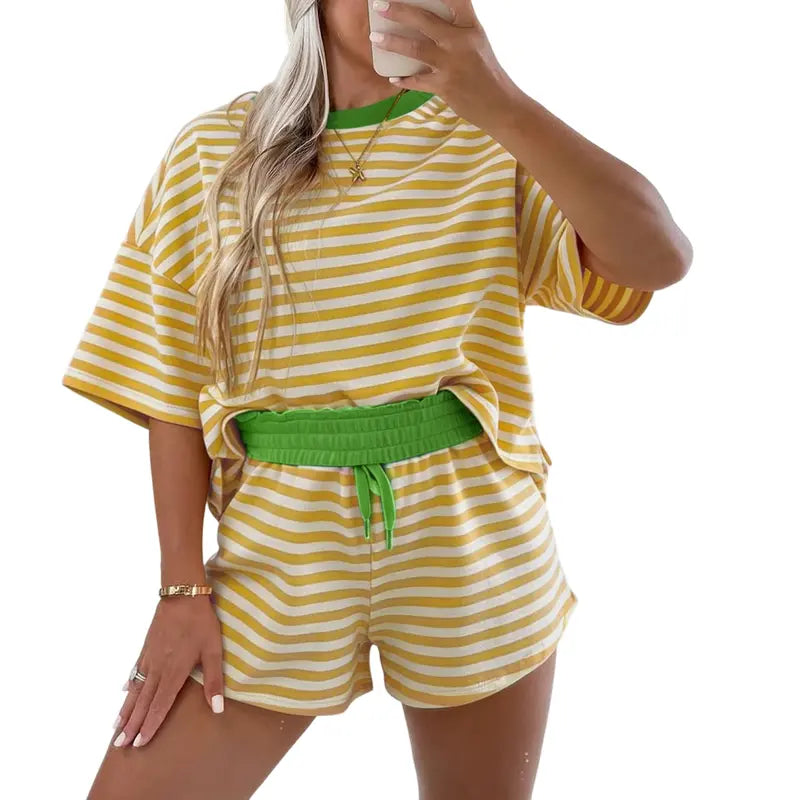 Women's Stripe Drop Shoulder Boxy Casual Terry Short Set