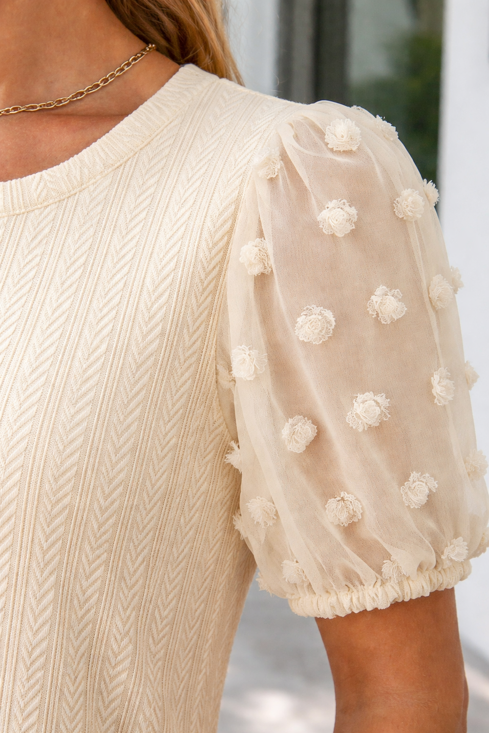 Threaded Pear Violet Puff Sleeve Textured Blouse