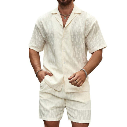 Men’s Summer Fashion Two-Piece Tracksuit | High-Sense Solid Loose Casual Lapel Shirt & Shorts | Trendy Minimalist Beach Holiday Outfit | Luxury-Label Statuesque Radiant Resort Wear | 2026 High-Fashion Emerald-Luxe Essential