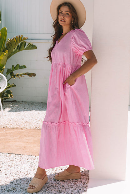 Threaded Pear Ella Stripe V Neck Puff Short Sleeve Maxi Dress