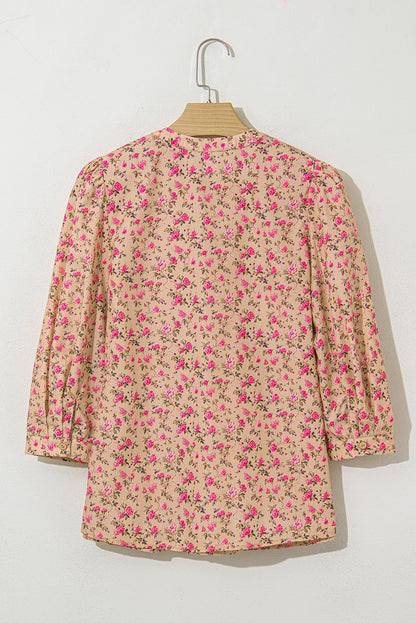 Threaded Pear Sadie Floral Bow Pin-tuck Bust Half Puff Sleeve Blouse