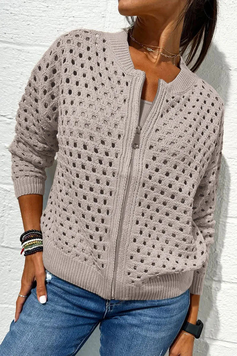 Women’s Fashion Hollow Knitted Zip-Up Jacket | Long-Sleeved Breathable Crochet Top | Trendy Lightweight Knit Cardigan | Modern Urban Layering Jacket for Women