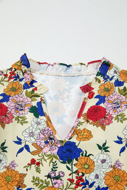 Threaded Pear Apricot Ruffled Shoulder Long Sleeve Floral Blouse