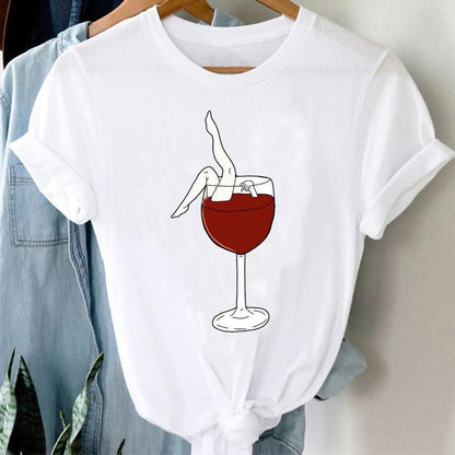 Women’s Artistic Wine Glass Print Casual Tee | Minimalist Graphic Short Sleeve T-Shirt | Trendy Cotton-Blend Summer Top | Fun & Stylish "Happy Hour" Tee for Women | 2026 Casual Chic Streetwear