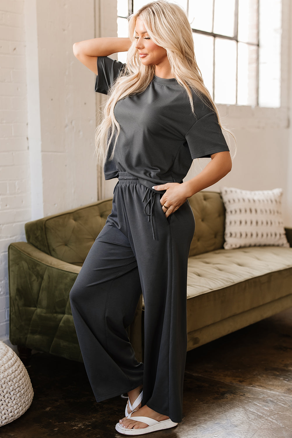 Threaded Pear Dallas Drawstring Side Crewneck Tee and Loose Pants Set