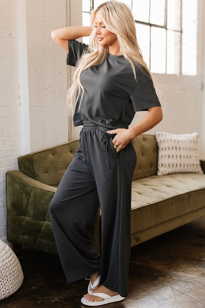 Threaded Pear Dallas Drawstring Side Crewneck Tee and Loose Pants Set