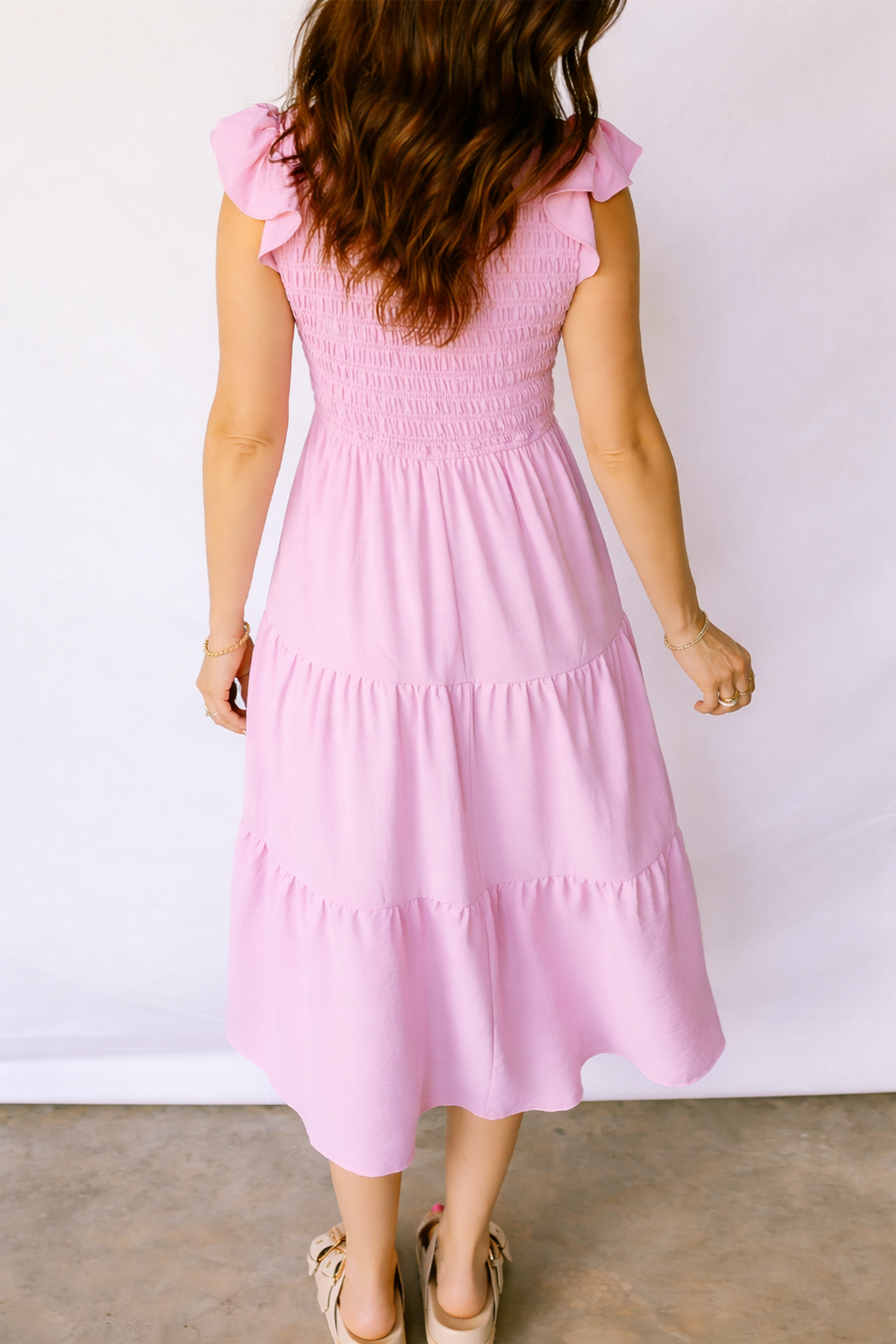 Threaded Pear Treasure Flare Tiered Midi Dress