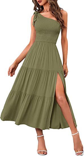 Women’s One-Shoulder Pleated Layered Hem Split Dress | High-Sense Formal Evening Gown | Trendy Minimalist Asymmetrical Party Dress | Luxury-Label Statuesque Radiant Occasion Wear | 2026 High-Fashion Emerald-Luxe Essential