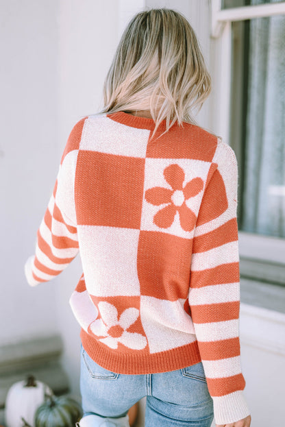 Threaded Pear Miller Checkered Floral Striped Sleeve Sweater