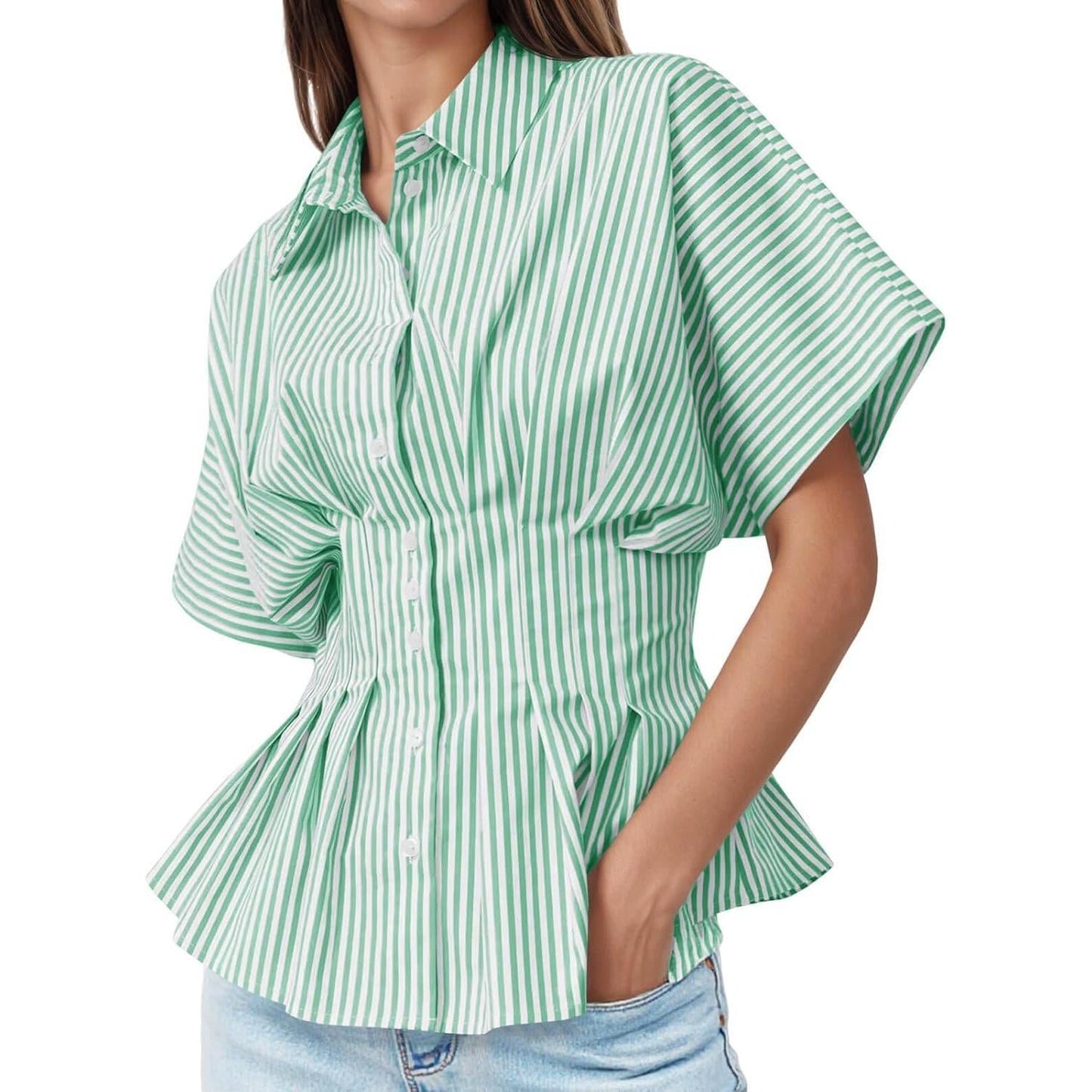 Women's Striped Peplum Button-Down Blouse
