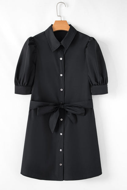 Threaded Pear Malaya Button Up Tie Waist Puff Sleeve Mini Dress