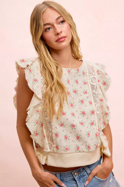 BiBi Flower Printed Ruffle Sleeve Trim Detail Top