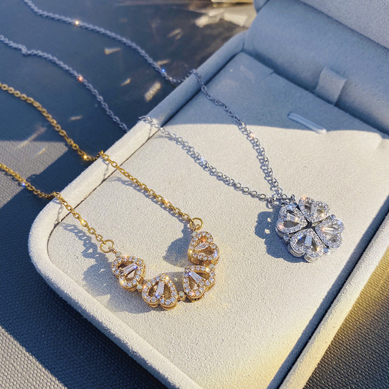 Magnetic Folding Heart-Shaped Clover Necklace | 2-in-1 Four-Leaf Clover & Heart Pendant | High-Sense Love Clavicle Chain | Trendy Openable Heart Choker Gift | 2026 High-Fashion Transformative Women’s Jewelry