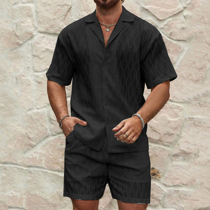 Men’s Summer Fashion Two-Piece Tracksuit | High-Sense Solid Loose Casual Lapel Shirt & Shorts | Trendy Minimalist Beach Holiday Outfit | Luxury-Label Statuesque Radiant Resort Wear | 2026 High-Fashion Emerald-Luxe Essential