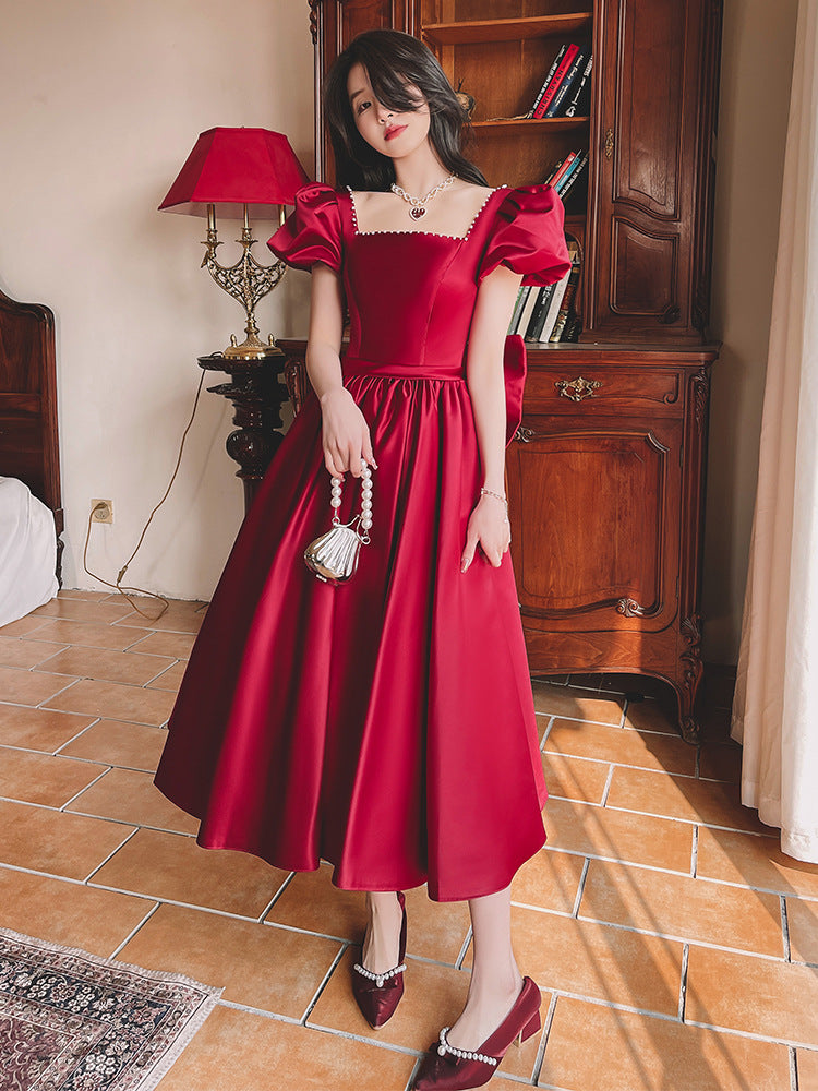 Winter Wine Red Engagement Dress | French Retro "Princess on the Run" Satin Dress | Elegant Long-Sleeve Romantic Evening Gown | Luxury Deep Red Formal Party Dress | 2026 High-Fashion French Aesthetic Gown
