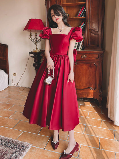 Winter Wine Red Engagement Dress | French Retro "Princess on the Run" Satin Dress | Elegant Long-Sleeve Romantic Evening Gown | Luxury Deep Red Formal Party Dress | 2026 High-Fashion French Aesthetic Gown