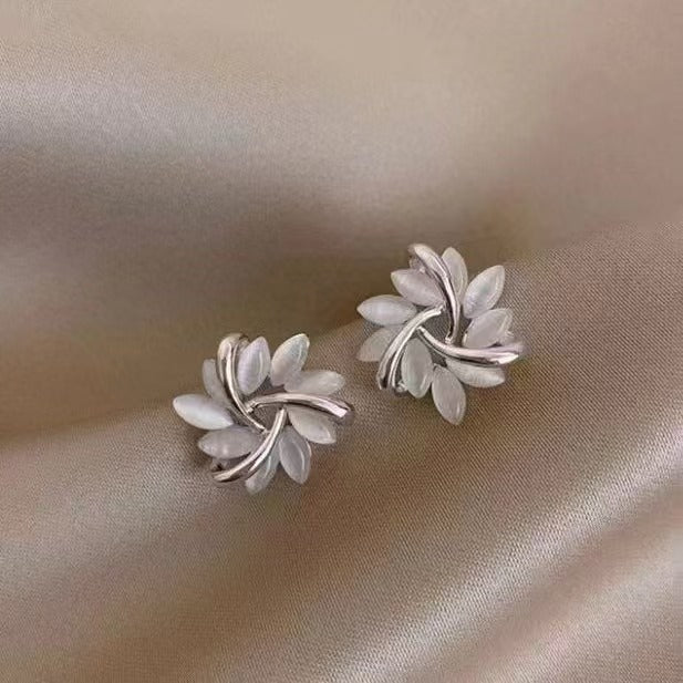 Luxury Cat’s Eye Flower Earrings | High-Sense Opal Geometric Studs | Square & Triangle Iridescent Jewelry | Elegant Floral Opal Earrings for Women