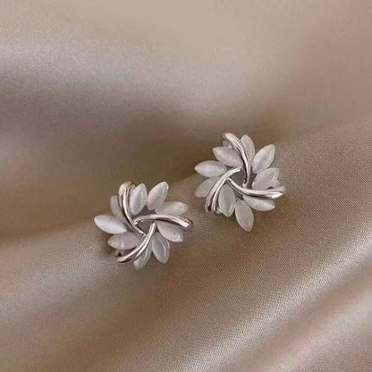 Luxury Cat’s Eye Flower Earrings | High-Sense Opal Geometric Studs | Square & Triangle Iridescent Jewelry | Elegant Floral Opal Earrings for Women