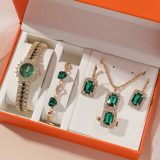 Women’s Small Green Watch & 5-Piece Gift Set | High-Sense Emerald Quartz Watch | Trendy Minimalist Steel Belt Watch & Ring Set | Luxury-Label Boxed Jewelry Ensemble | 2026 High-Fashion Radiant Gift For Her