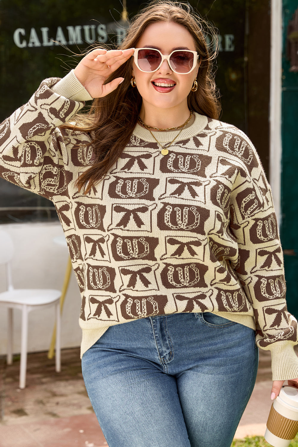 Threaded Pear Magnolia Horseshoe Print Checkered PLUS Sweater