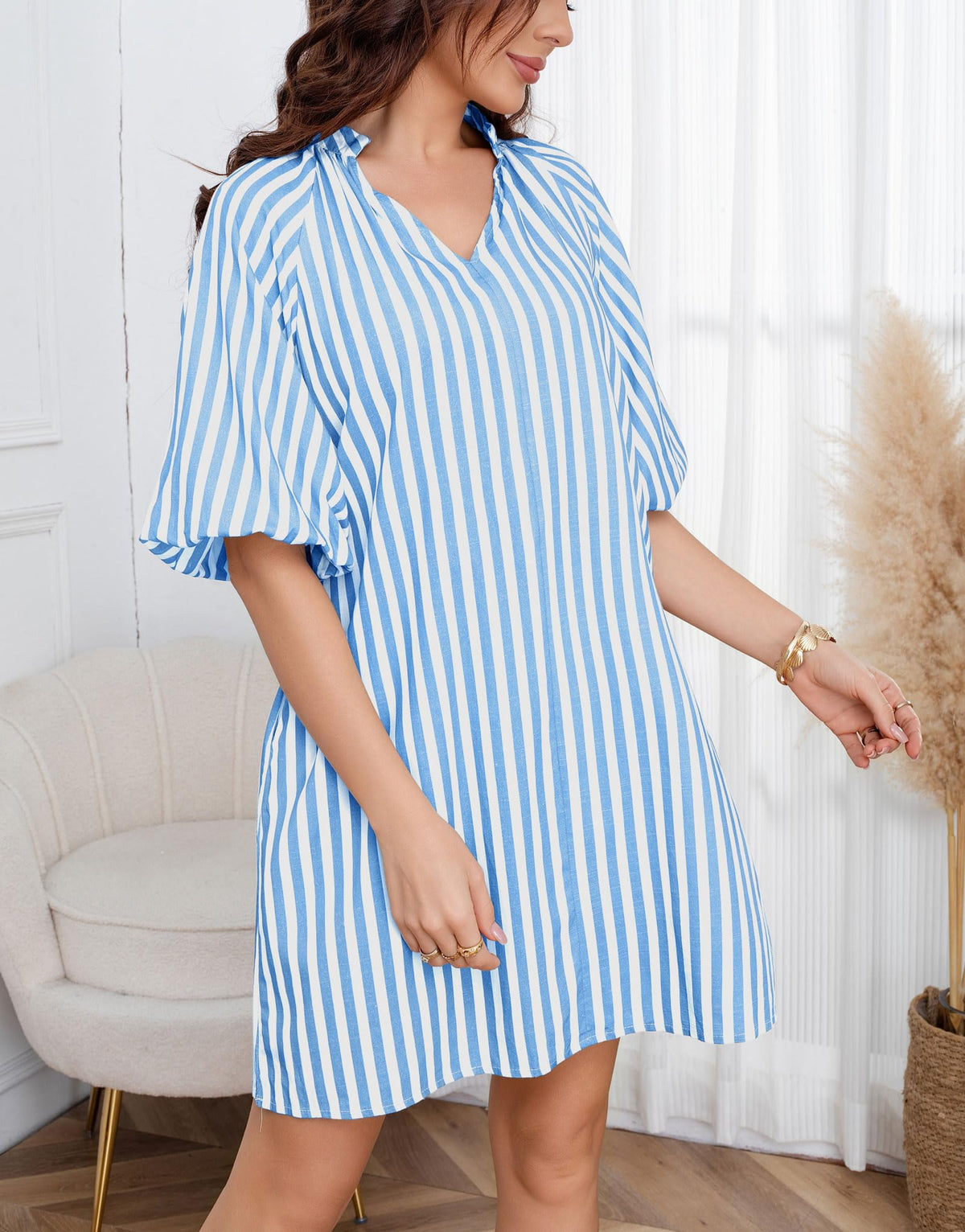 Women Mini Dress Summer Striped Beach Vacation 3/4 Sleeve Boho Chic Dress