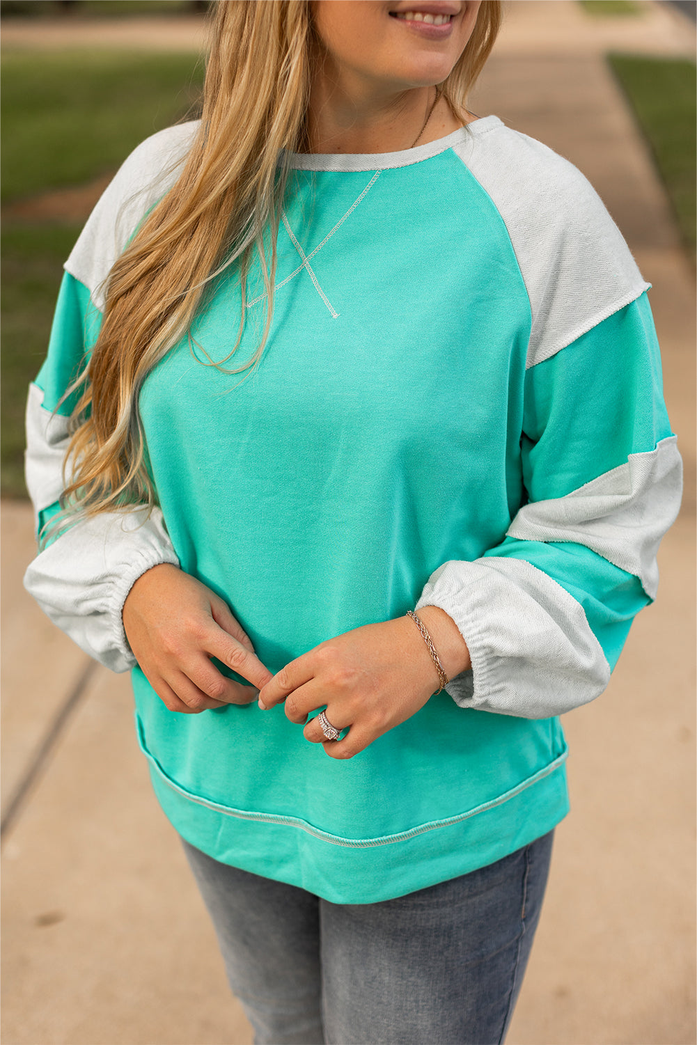 Threaded Pear Aruba Blue Colorblock Patchwork Cross Seam Plus Sweatshirt