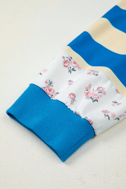 Threaded Pear Blue Stripe Floral Color Block Drop Shoulder Plus Size Pullover Top
