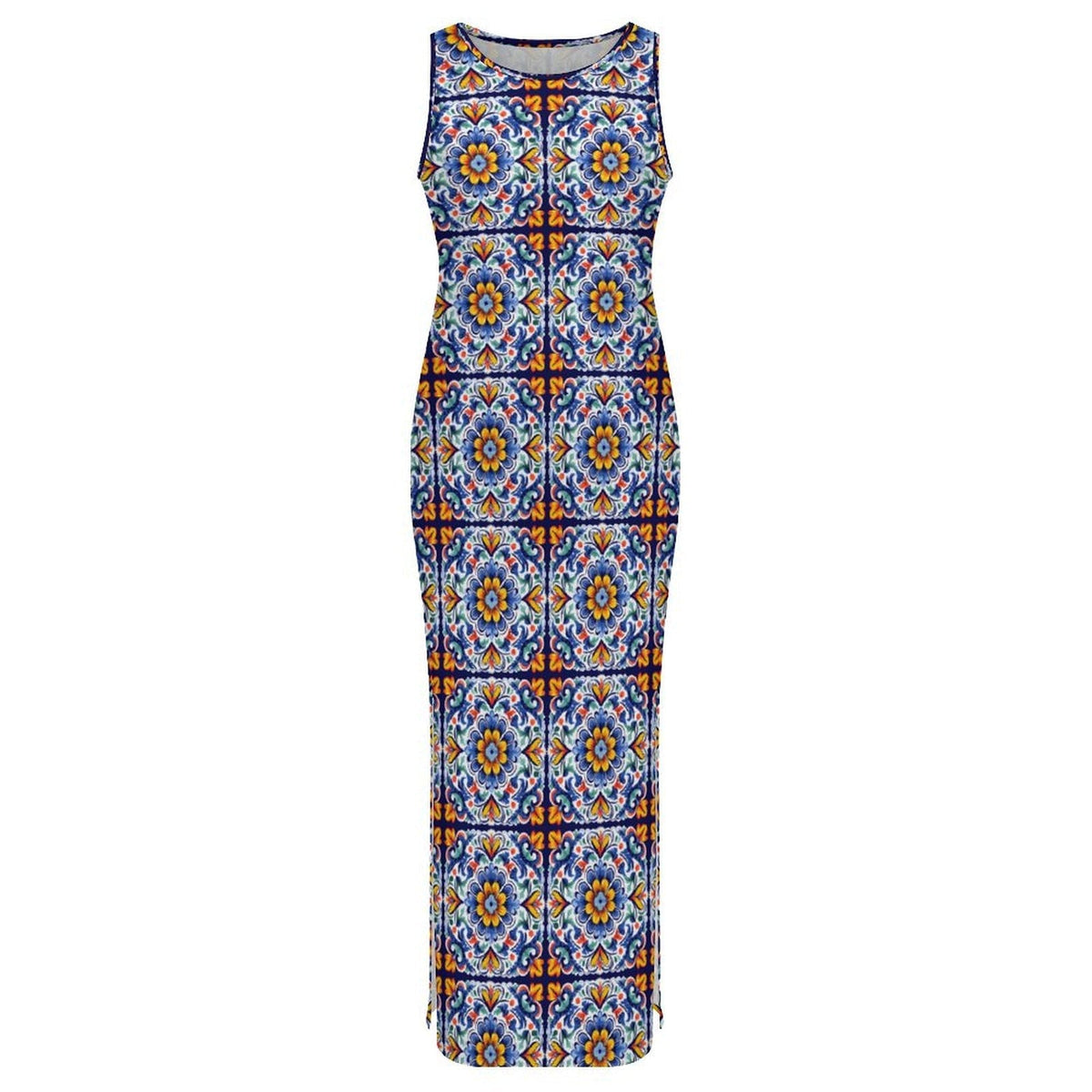 Baha Ranch Colores de Mexico Talavera Sleeveless Bodycon Side Slit Long Dress