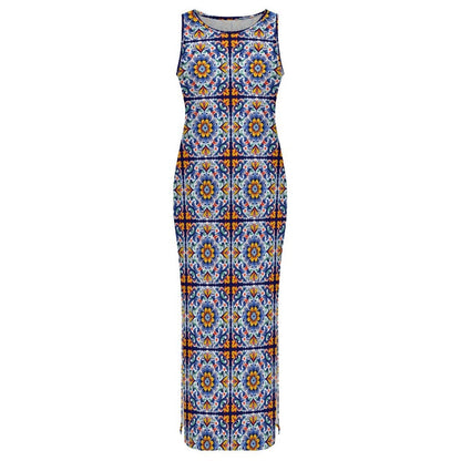 Baha Ranch Colores de Mexico Talavera Sleeveless Bodycon Side Slit Long Dress