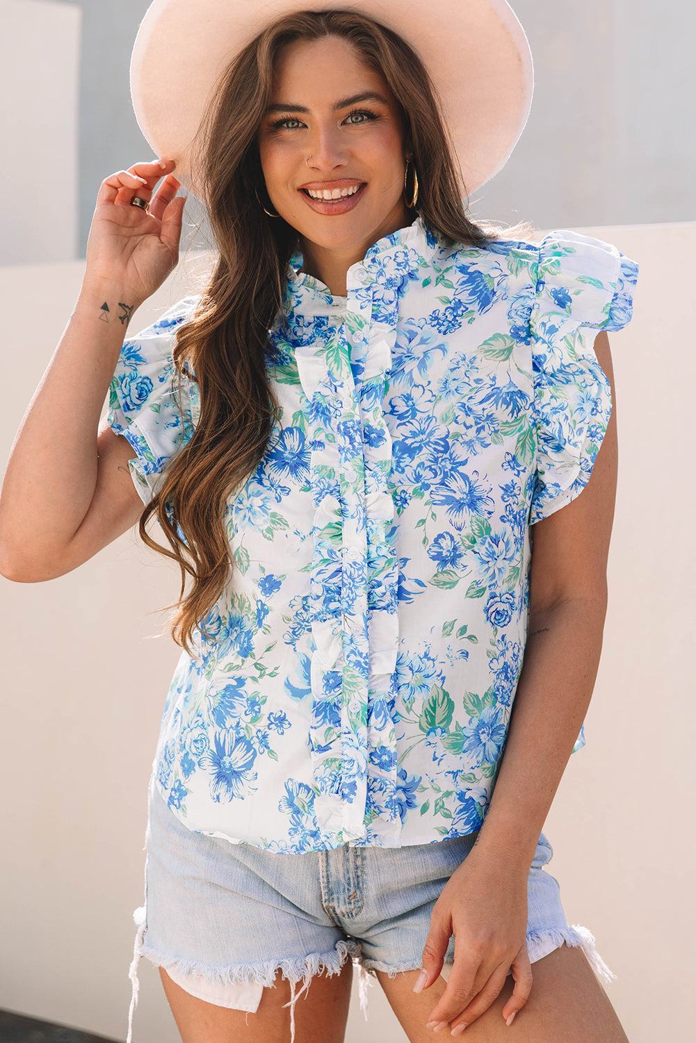 Threaded Pear Tiana Floral Ruffle Sleeve Button Up