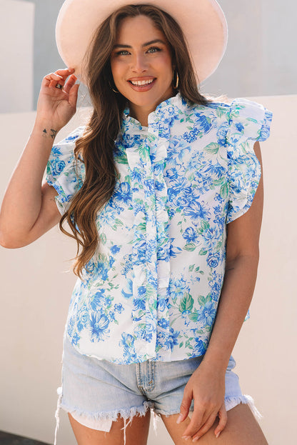 Threaded Pear Tiana Floral Ruffle Sleeve Button Up