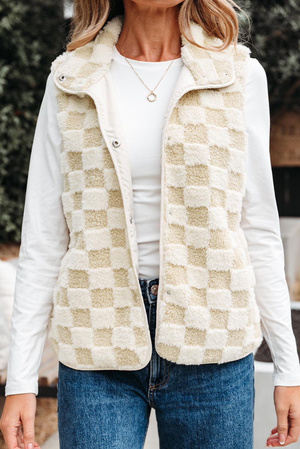 Threaded Pear Stevie Sherpa Checkerboard Button Vest With Pocket