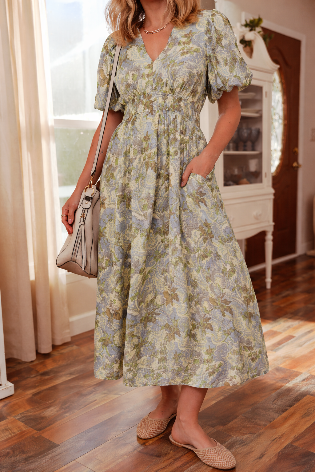 Threaded Pear Nora Puff Sleeve Long Dress