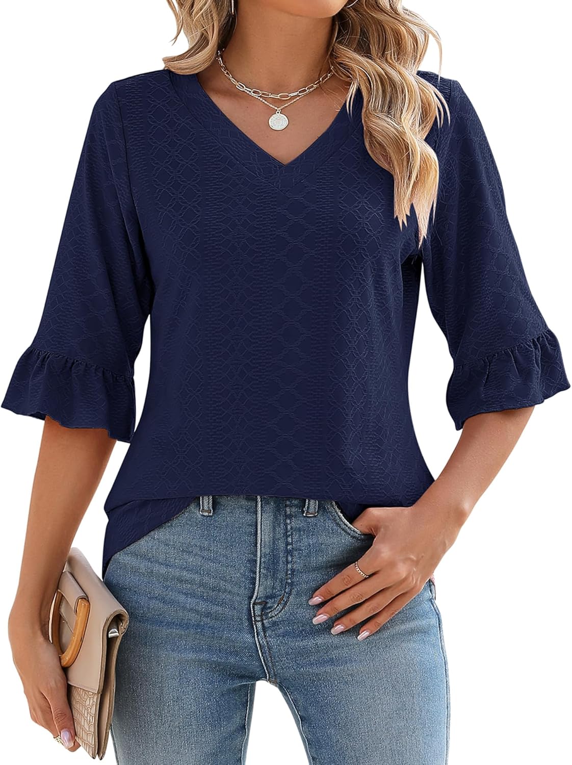 ✨Womens 3/4 Length Sleeve V-Neck Eyelet Casual Ruffle Sleeve Tunic Blouses