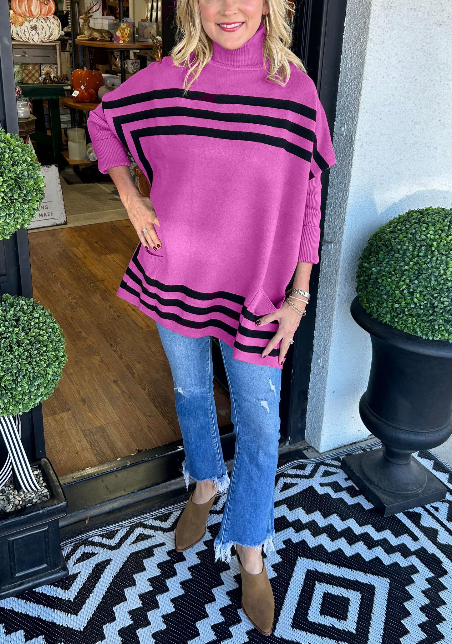 Turtleneck bat sleeve striped sweater
