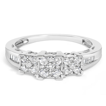 10K White Gold 1/2 Cttw Brilliant & Baguette Cut Diamond 3 Stone Design with 3 Square Clusters Engagement Ring (H-I Color, SI2-I1 Clarity)