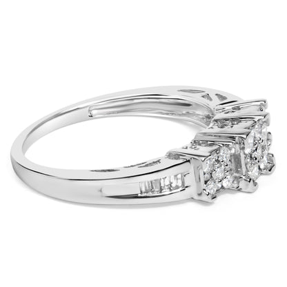 10K White Gold 1/2 Cttw Brilliant & Baguette Cut Diamond 3 Stone Design with 3 Square Clusters Engagement Ring (H-I Color, SI2-I1 Clarity)