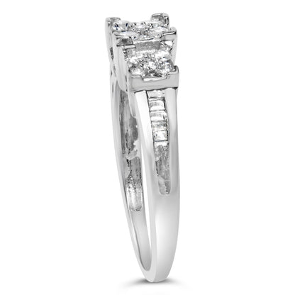 10K White Gold 1/2 Cttw Brilliant & Baguette Cut Diamond 3 Stone Design with 3 Square Clusters Engagement Ring (H-I Color, SI2-I1 Clarity)