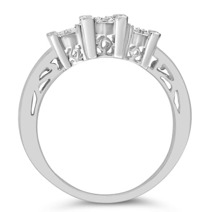 10K White Gold 1/2 Cttw Brilliant & Baguette Cut Diamond 3 Stone Design with 3 Square Clusters Engagement Ring (H-I Color, SI2-I1 Clarity)