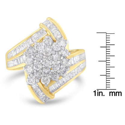 10K Yellow Gold Round and Baguette Diamond Crossover Cluster Ring (3 Cttw, I-J Color, I1-I2 Clarity)