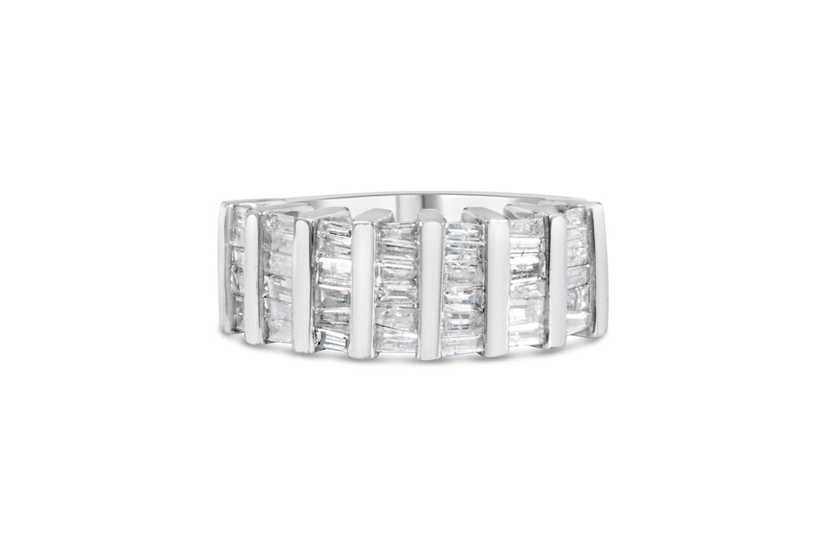 .925 Sterling Silver 1.0 Cttw Baguette Cut Diamond Vertical Channel Fluted Multi-Row Unisex Fashion Wedding Ring (H-I Color, I1-I2 Clarity)