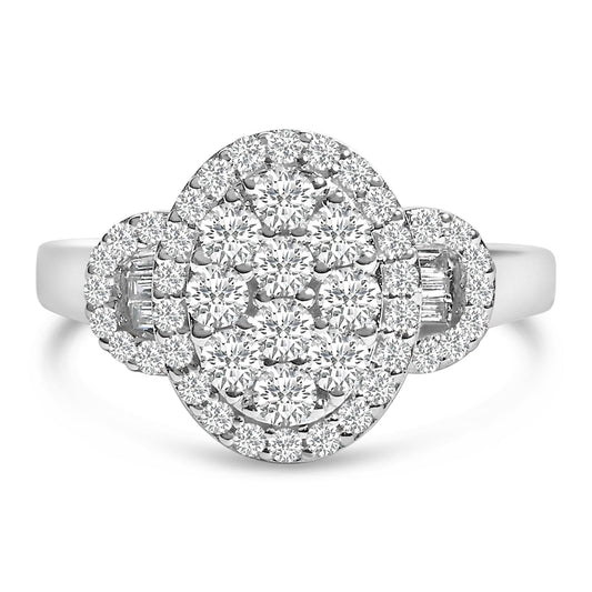 10K White Gold 1.0 Cttw Diamond Oval Cluster with Halo Vintage-Inspired Art Deco Buckle Style Statement Ring (G-H Color, SI1-SI2 Clarity)