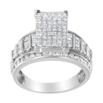 14K White Gold 2.0 Cttw Mixed-Cut Diamond Rectangle Invisible-Set Composite Cluster Ring with Bar- and Channel-Set Band (H-I Color, SI2-I1 Clarity)