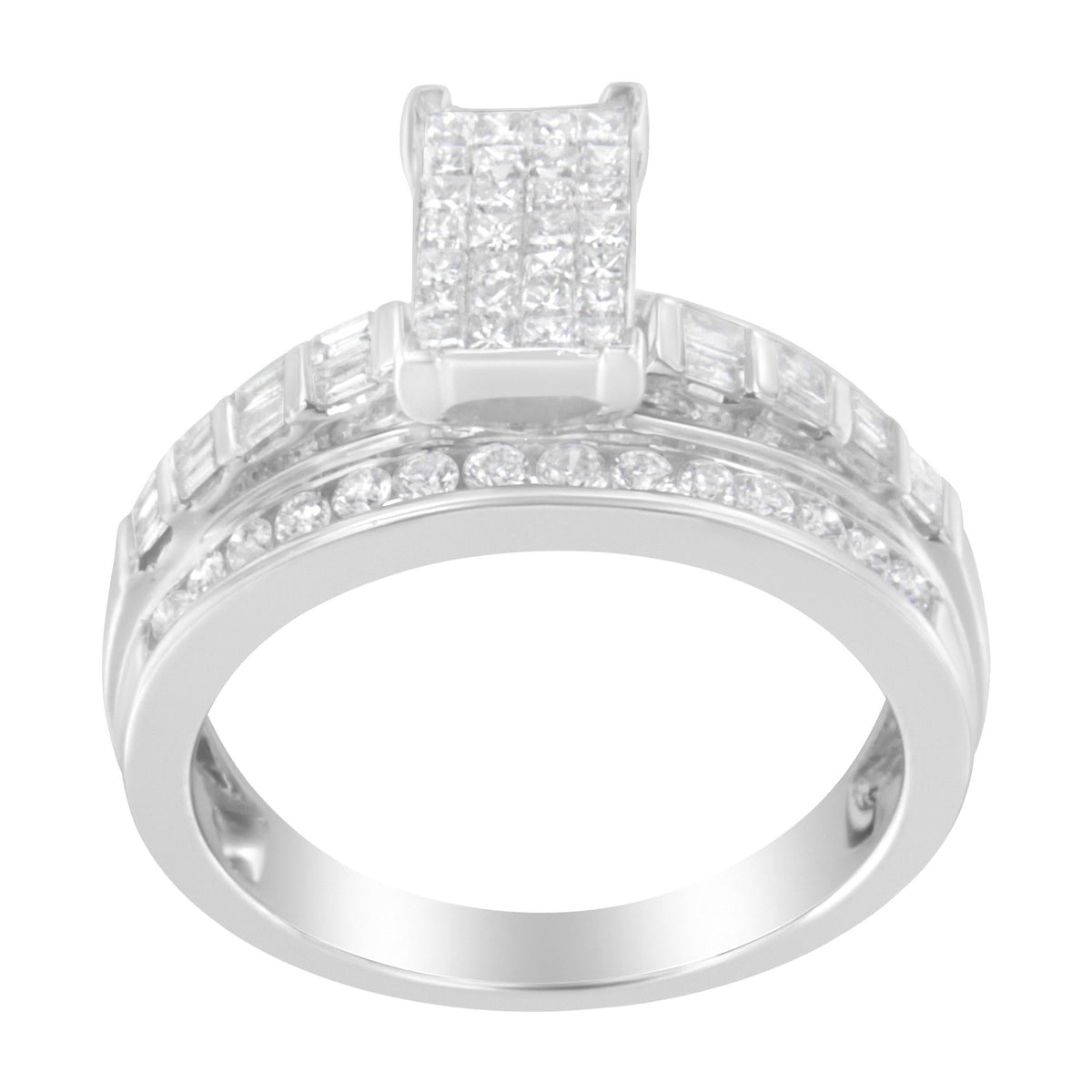 14K White Gold 1.0 Cttw Mixed-Cut Diamond Rectangle Invisible-Set Composite Cluster Ring with Bar- and Channel-Set Band (H-I Color, SI2-I1 Clarity)