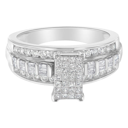 14K White Gold 1.0 Cttw Mixed-Cut Diamond Rectangle Invisible-Set Composite Cluster Ring with Bar- and Channel-Set Band (H-I Color, SI2-I1 Clarity)