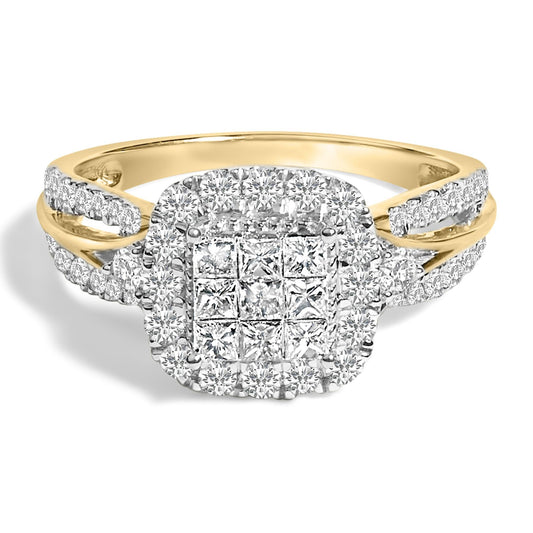 10K Yellow Gold 1.0 Cttw Diamond Composite Cushion-Shape Halo 3-Band-Look Engagement Ring (H-I Color, SI1-SI2 Clarity)
