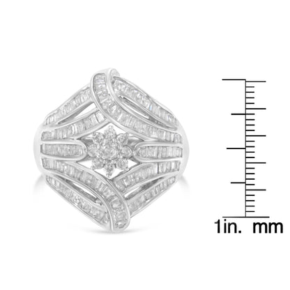 .925 Sterling Silver 1-1/8 Cttw Round & Baguette Diamond 'Flower & Fern' Cluster Cocktail Fashion Ring (I-J Color, I2-I3 Clarity)